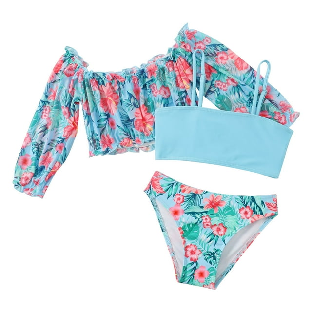 Owordtank Girls Swimsuit 3 Pieces Long Sleeve Crop Tops Bikini Bathing