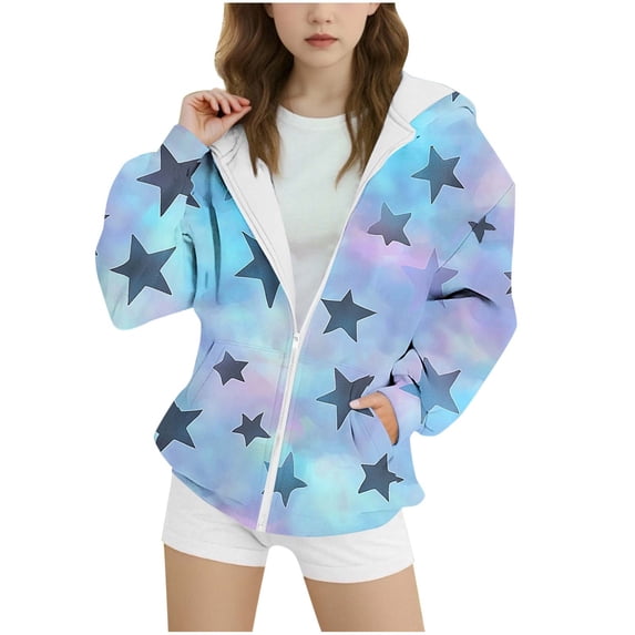 Owordtank Girls Tie Dye Star Print Zip Up Hooded Sweatshirt Jacket With Front Pockets
