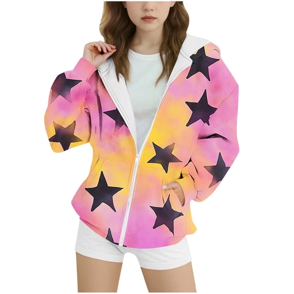 Owordtank Girls Tie Dye Star Print Zip Up Hooded Sweatshirt Jacket With Front Pockets