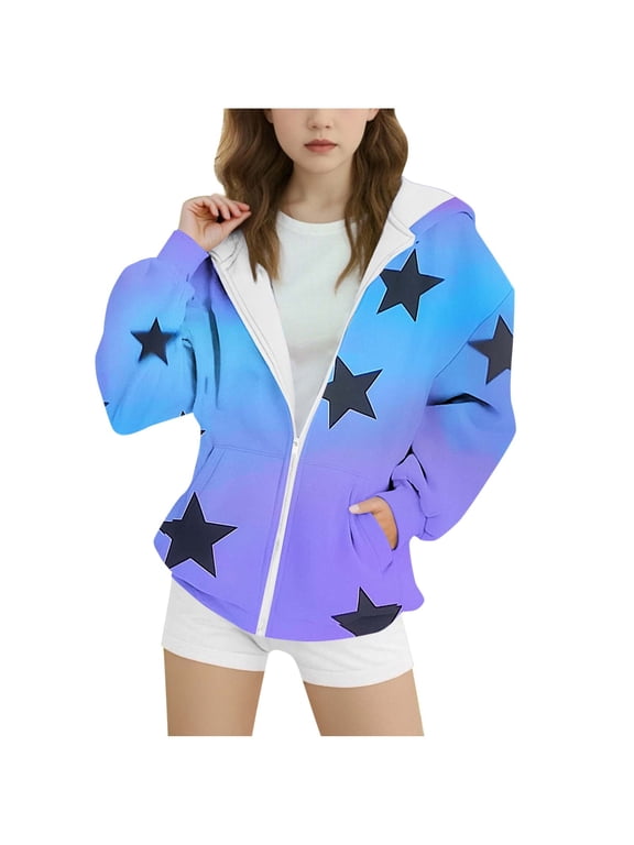 Girls Tie Dye Star Print Zip Up Hooded Sweatshirt Jacket With Front Pockets