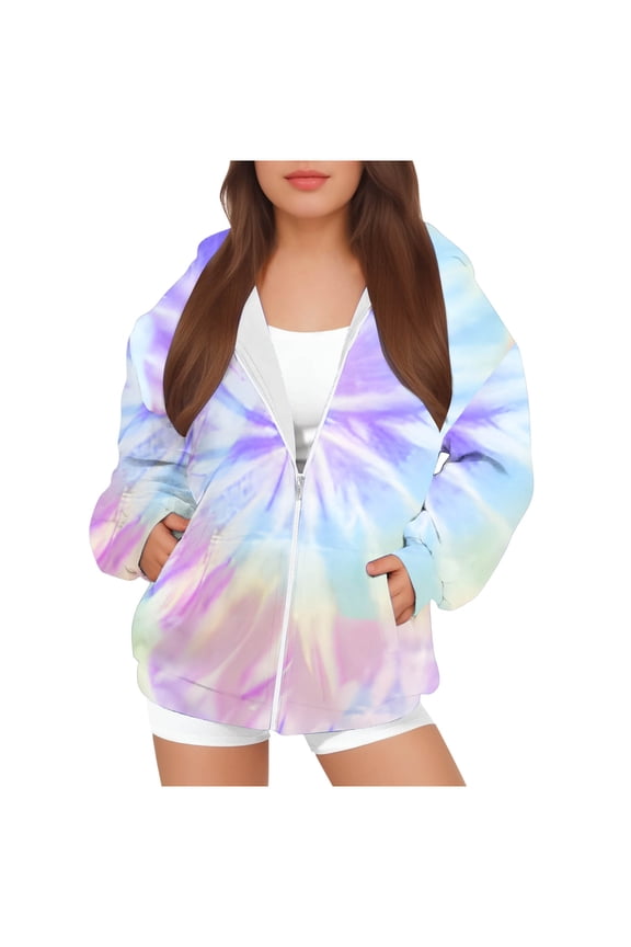 Girls Tie Dye Zip-Up Hoodie Jacket With Front Kangaroo Pocket For Casual Daily Wear 4-12Years