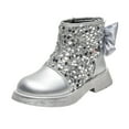 thumbnail image 1 of Owordtank Girls Toddler Bow Ankle Boots Glitter Sequin Side Zipper Low Chunky Heel Fall Winter Dress Booties Shoes, 1 of 6