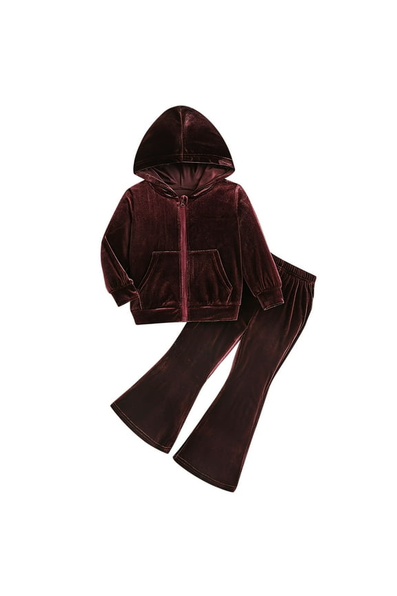 Girls Velvet Tracksuit Set 2 Piece Velour Outfit Zip-Up Hooded Jacket Bell Bottom Pants Fall for 3-10Years