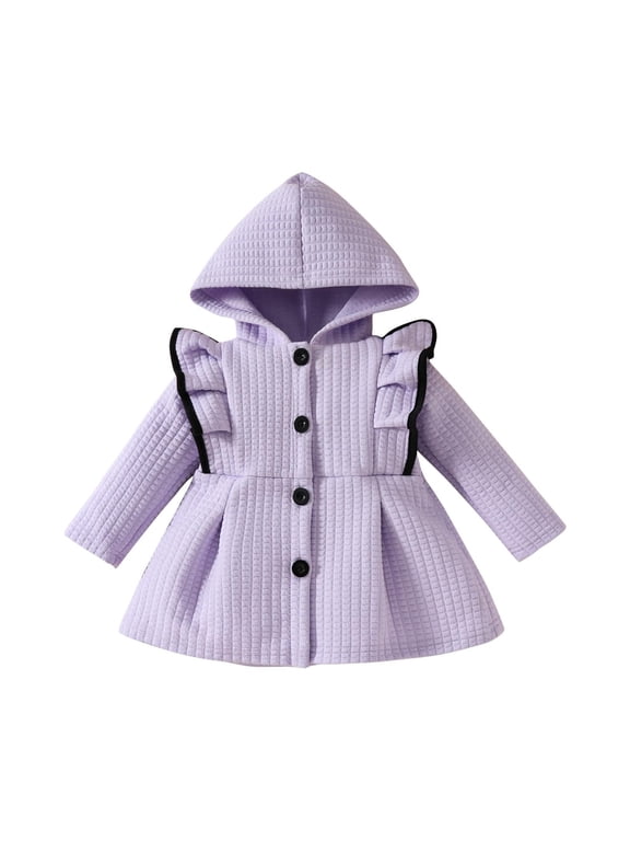 Girls Waffle Ruffle Trim Hooded Button Flared Coat For Casual Winter Wear