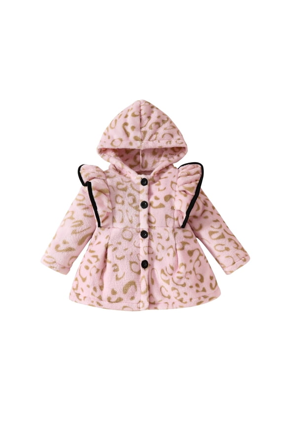 Girls Waffle Ruffle Trim Hooded Button Flared Coat For Casual Winter Wear