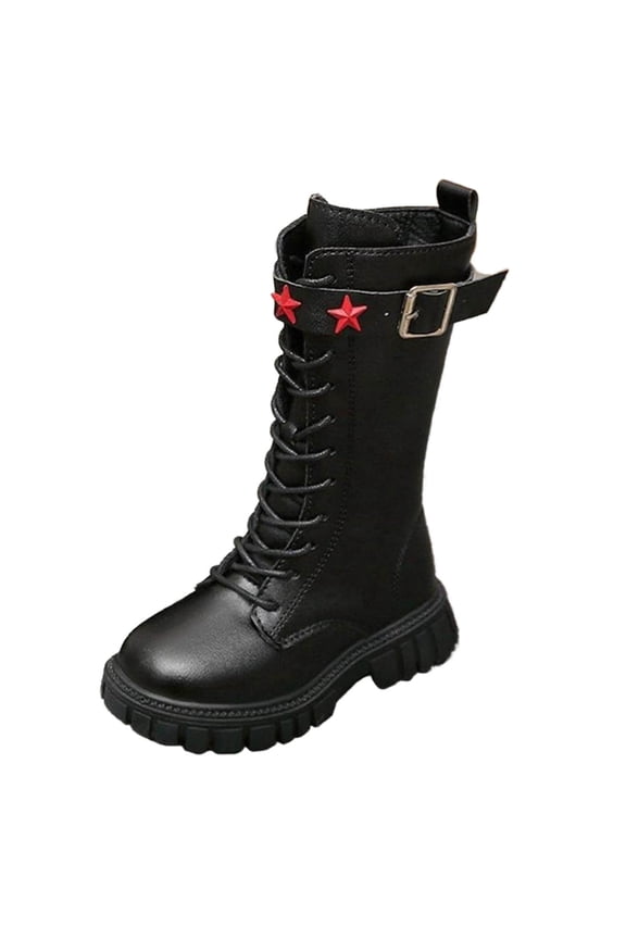 Girls White Boots Lace-Up Side Zipper Knee High Boot Casual Pu Leather Punk Goth Shoes for Kids
