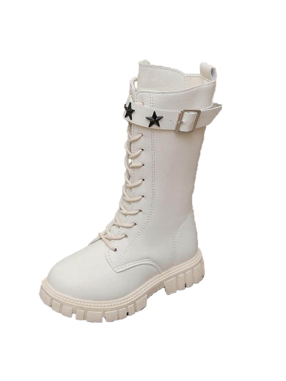 Girls White Boots Lace-Up Side Zipper Knee High Boot Casual Pu Leather Punk Goth Shoes for Kids