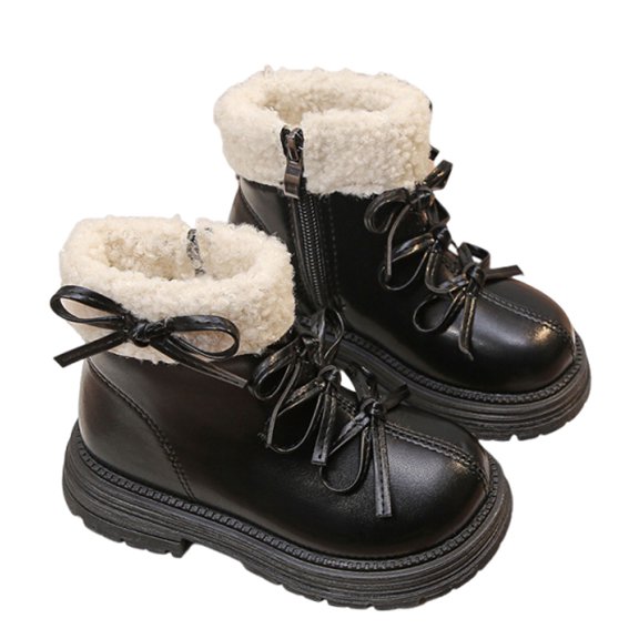 Owordtank Girls Winter Fleece Lined Warm Ankle Boots with Side Zipper Faux Leather Outdoor Waterproof Anti-Slip Snow Boots