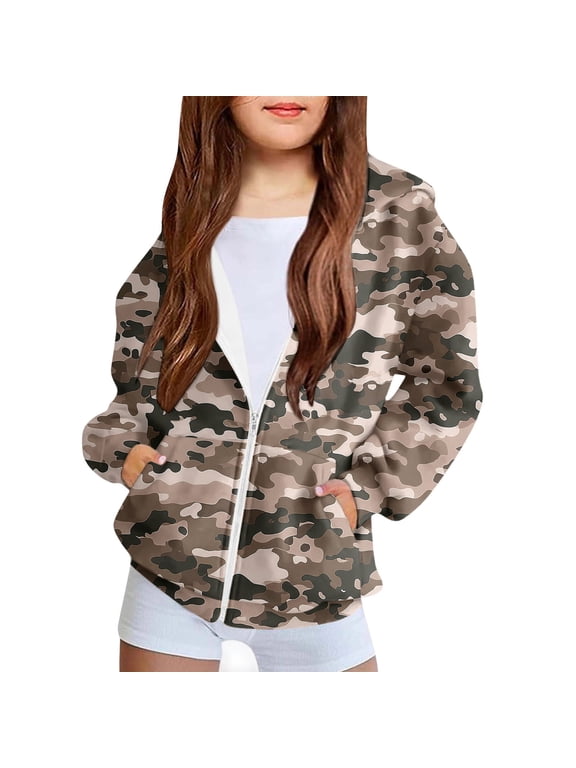 Girls Zip Up Hooded Sweatshirt Camo Print Jacket Front Kangaroo Pocket Casual Loose Outerwear