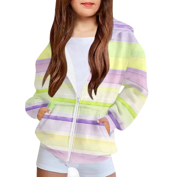 Owordtank Girls Zip Up Hooded Sweatshirt Jacket Rainbow Stripe Front Kangaroo Pocket Casual Loose Outerwear