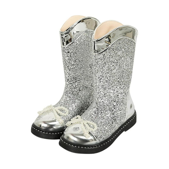 Owordtank Glitter Girls Cowgirl Boots Sparkly Back Zipper Easy On Cowboy Boot Toddler Western Riding Pearl Bowknot Kids Boot