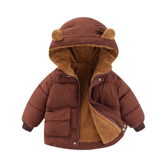 Owordtank Kids 3D Bear Ear Hooded Puffer Coat Fleece Lined Warm Winter Jacket With Big Patch Pocket