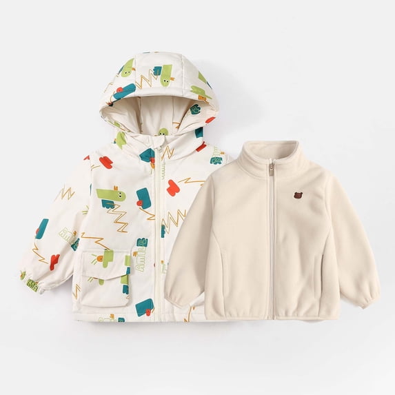 Owordtank Kids Cartoon Animal Print Detachable 2-in-1 Hooded Jacket Fleece Inner Coat