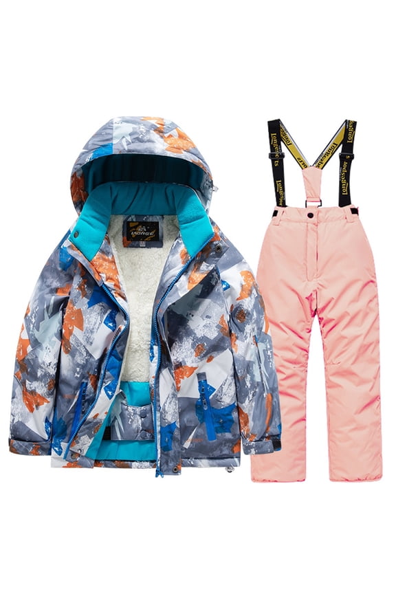 Kids Fleece Lined Ski Jacket & Pants Set Winter Snowboarding Rain Coats Girls Boys Winter Snow Suits