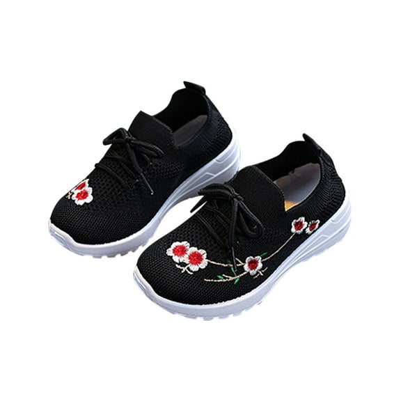 Owordtank Kids Floral Embroidered Knitted Flat Shoes Casual Breathable Knitted Slip On Loafers National Style Walking Shoe