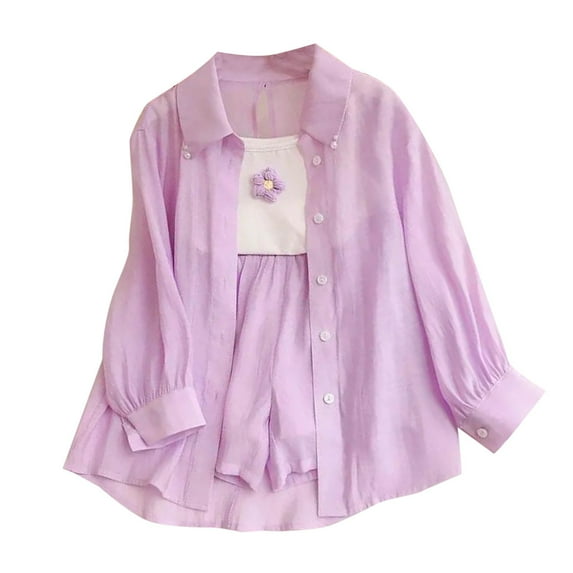 Owordtank Kids Girls 3 Piece Outfit, Button Down Shirt and Camis with Shorts Sets, 4-17 Years