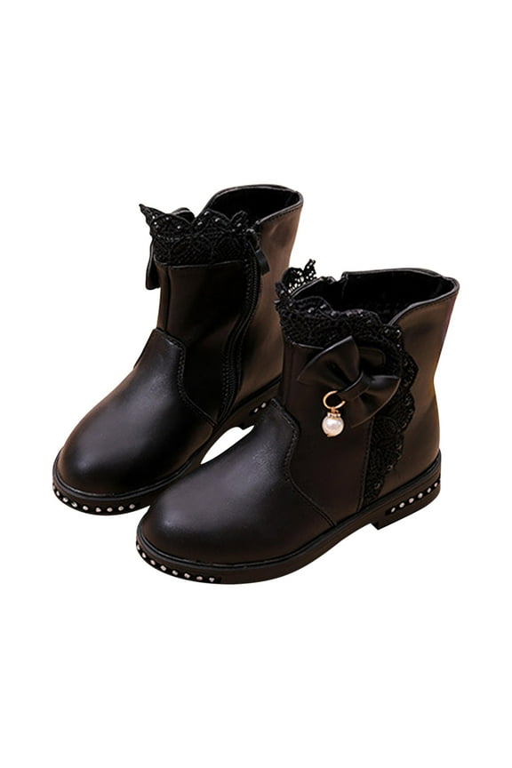 Kids Girls Pearl Bowknot Princess Dress Boots Soft Sole Anti Slip Fashion Cute Birthday Wedding Shoes with Zipper