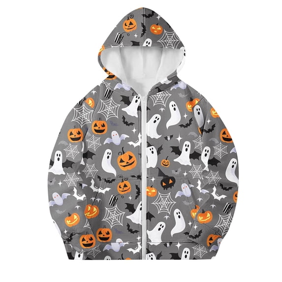 Owordtank Kids Halloween Pumpkin Ghost Bat Print Zip Up Hoodie Casual Jacket