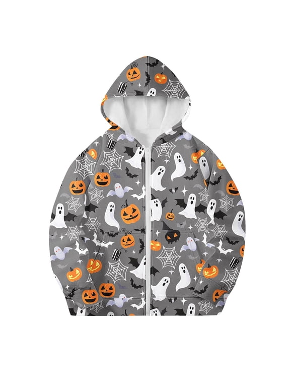Kids Halloween Pumpkin Ghost Bat Print Zip Up Hoodie Casual Jacket