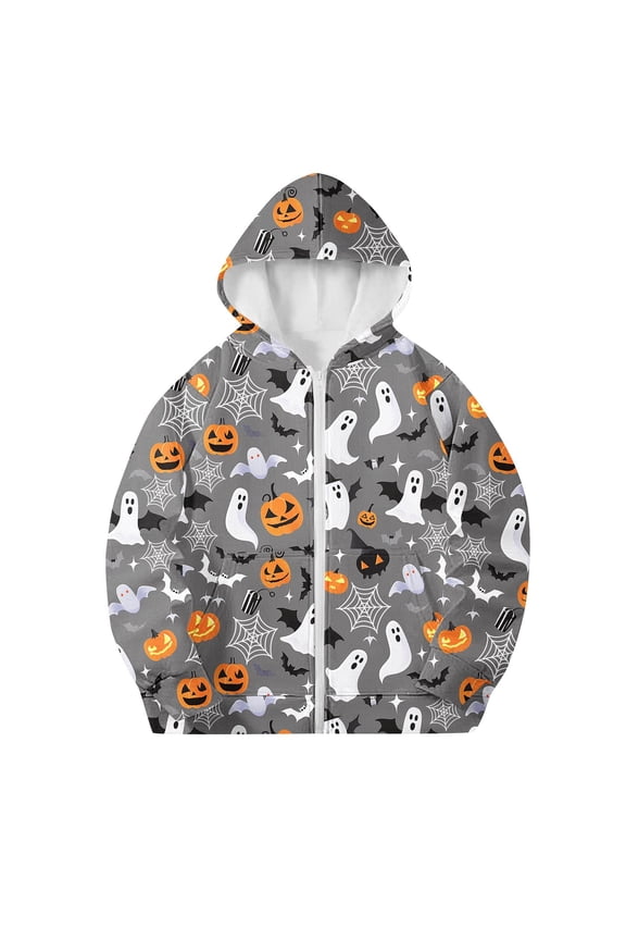 Kids Halloween Pumpkin Ghost Bat Print Zip Up Hoodie Casual Jacket