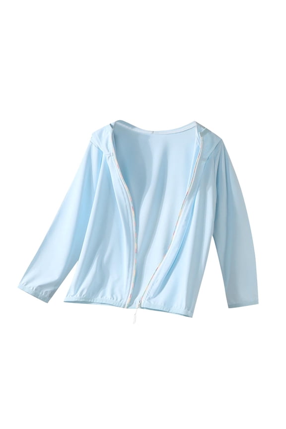 Kids Hooded UV Protection Sun Jacket Colorful Trim Zip Up Lightweight Outdoor Coat