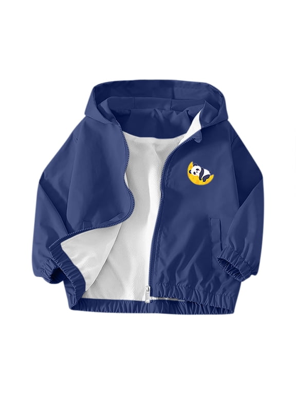 Kids Hooded Windbreaker Front Moon Panda Print Full Zip Mesh Lined Elastic Cuff Lightweight Casual Jacket