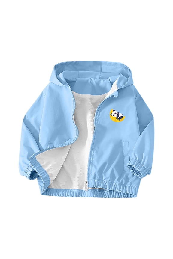 Kids Hooded Windbreaker Front Moon Panda Print Full Zip Mesh Lined Elastic Cuff Lightweight Casual Jacket