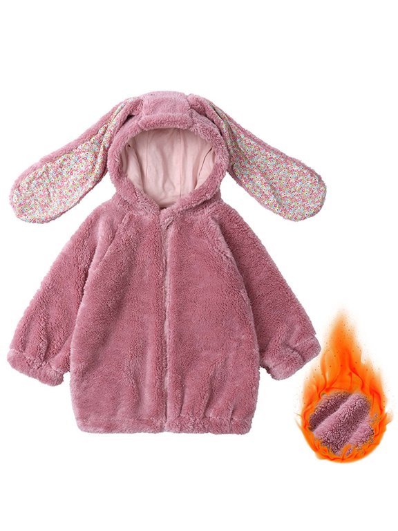 Kids Long Floppy Bunny Ear Hooded Fuzzy Fleece Zip Jacket Floral Lined Warm Winter Outerwear
