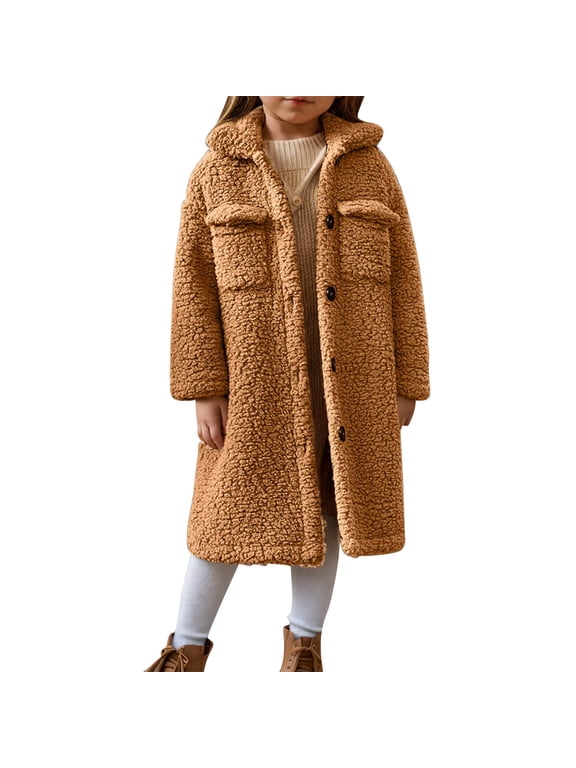 Kids Long Teddy Fleece Coat Button Front Lapel Warm Outerwear