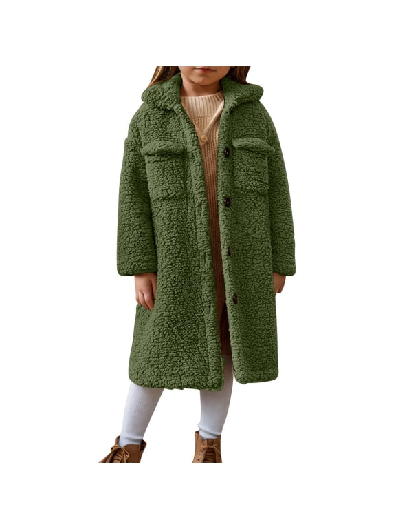 Kids Long Teddy Fleece Coat Button Front Lapel Warm Outerwear