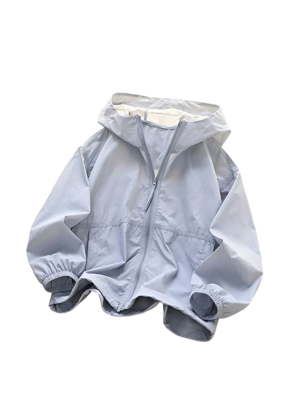 Kids Loose Hooded Full Zip Windbreaker Jacket Elastic Cuffs Casual Outdoor Coat 3-15Y