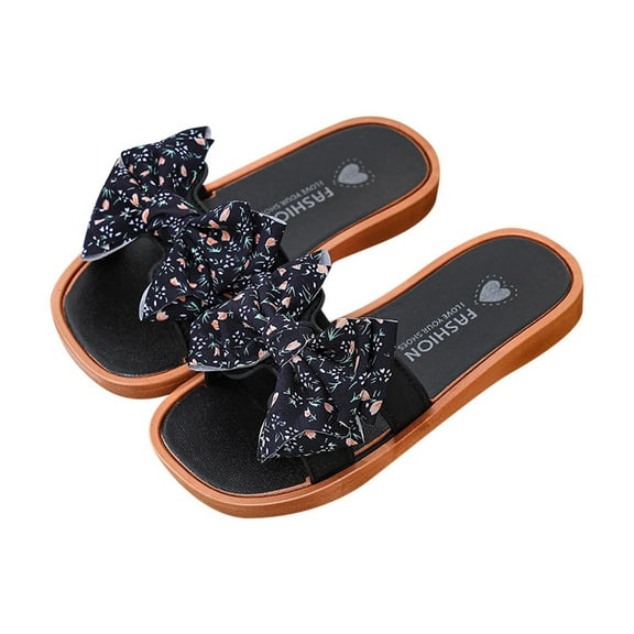 Owordtank Kids Open Toe Slide Slippers with Cute Bow, Slip-on House Shoes, Summer Linen Slippers with Rubber Sole