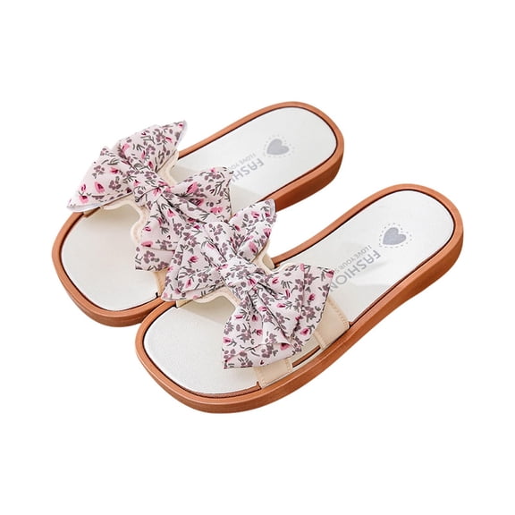 Owordtank Kids Open Toe Slide Slippers with Cute Bow, Slip-on House Shoes, Summer Linen Slippers with Rubber Sole