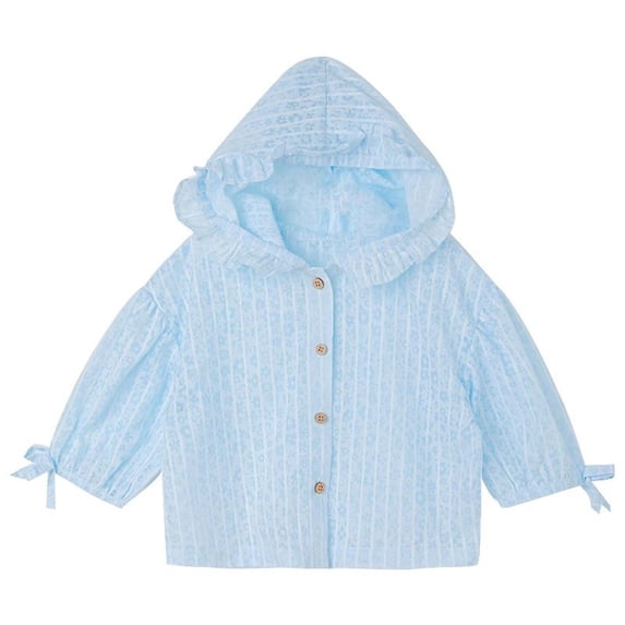 Owordtank Kids Ruffle Hooded Button Shirt Striped Floral Jacket Bow Cuff Lightweight Sun Protection Outerwear