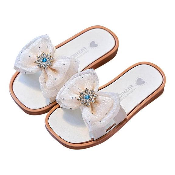 Owordtank Kids Satin Pearl Bow Open Toe Low Heel Slides Fashion Square Toe Slip On Block Heels Slipper