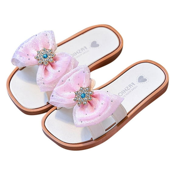 Owordtank Kids Satin Pearl Bow Open Toe Low Heel Slides Fashion Square Toe Slip On Block Heels Slipper