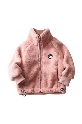 Kids Stand Collar Sherpa Fleece Jacket Cartoon Monkey Embroidery Full Zip Ribbed Cuffs Adjustable Hem Drawstring Warm Coat