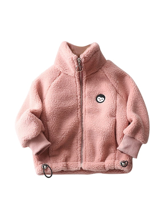 Kids Stand Collar Sherpa Fleece Jacket Cartoon Monkey Embroidery Full Zip Ribbed Cuffs Adjustable Hem Drawstring Warm Coat