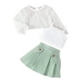 thumbnail image 1 of Owordtank Little Baby Girls Summer 3 Piece Outfits Long Sleeve Hollow Cover Up Tops + Sleeveless Camisole + Pleated Skirt Set, 1 of 3