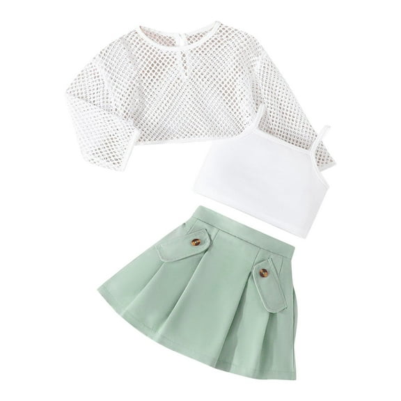 Owordtank Little Baby Girls Summer 3 Piece Outfits Long Sleeve Hollow Cover Up Tops   Sleeveless Camisole   Pleated Skirt Set