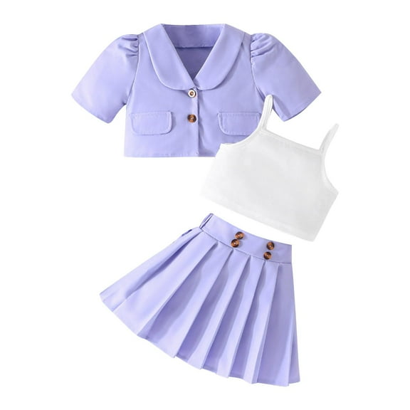Owordtank Little Baby Girls Summer 3 Piece Outfits Long Sleeve Hollow Cover Up Tops   Sleeveless Camisole   Pleated Skirt Set
