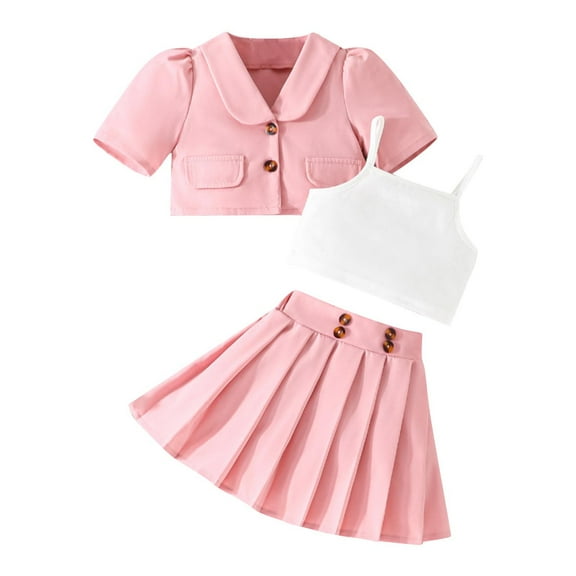 Owordtank Little Baby Girls Summer 3 Piece Outfits Long Sleeve Hollow Cover Up Tops   Sleeveless Camisole   Pleated Skirt Set