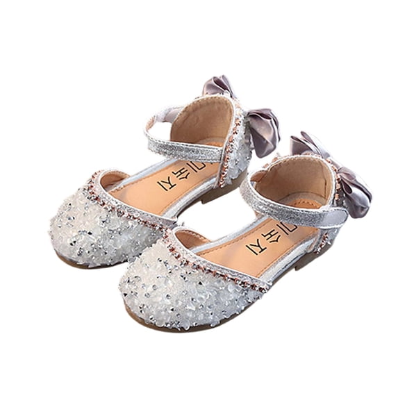 Owordtank Little Girls Dress Shoes Mary Jane Bow Flower Wedding Party Bridesmaids Shoe Glitter Sequins Rhinestone Princess Ballet Flats