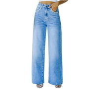 Owordtank Mid Rise Wide Leg Blue Jeans for Women Streetwear Denim Pants