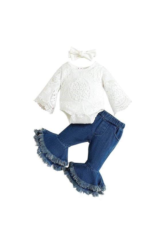 Newborn Baby Girl Clothes Infant Rib Frill Long Sleeve Romper Flared Pants Headband Set 3pcs Fall Winter Outfits