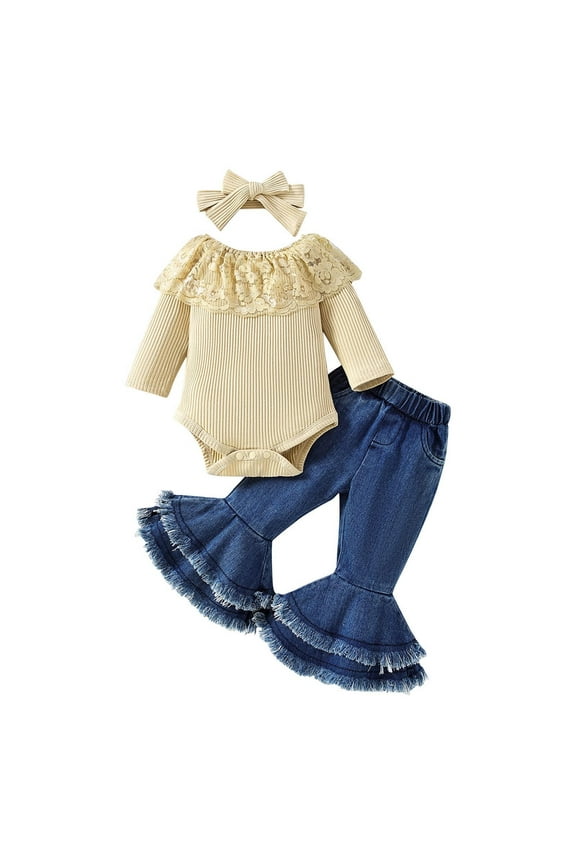 Newborn Baby Girl Clothes Infant Rib Frill Long Sleeve Romper Flared Pants Headband Set 3pcs Fall Winter Outfits