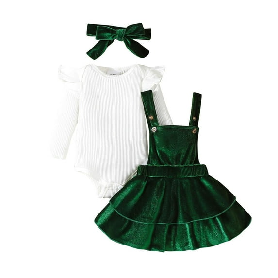 Owordtank Newborn Baby Girls Christmas Outfits Long Sleeve Onesie Romper+Velvet Suspender Skirts+Headband Clothes for 0-18M