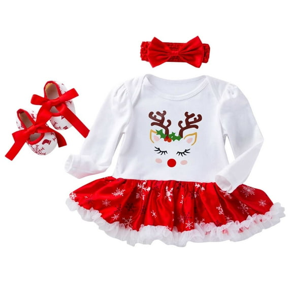 Owordtank Newborn Baby Girls Christmas Romper Holiday Skirt Outfit Headband Leg Warmer Shoes for 0-24 Month