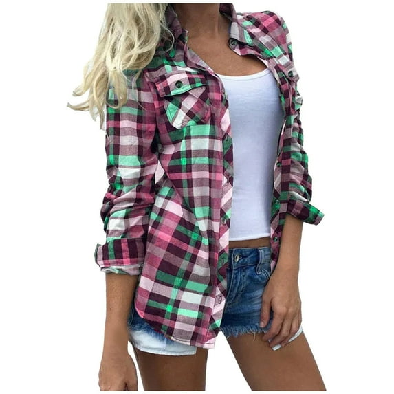 Owordtank Plaid Shirts for Women Turndown Collar Button Down Long Sleeve Shirts Casual Tops Clarence 5 Clothing Woman Wal?mart