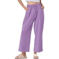 thumbnail image 1 of Owordtank Women Linen Pants Summer Casual Loose Wide Leg Palazzo Pants Smocked High Waist Flowy Beach Trousers, 1 of 7